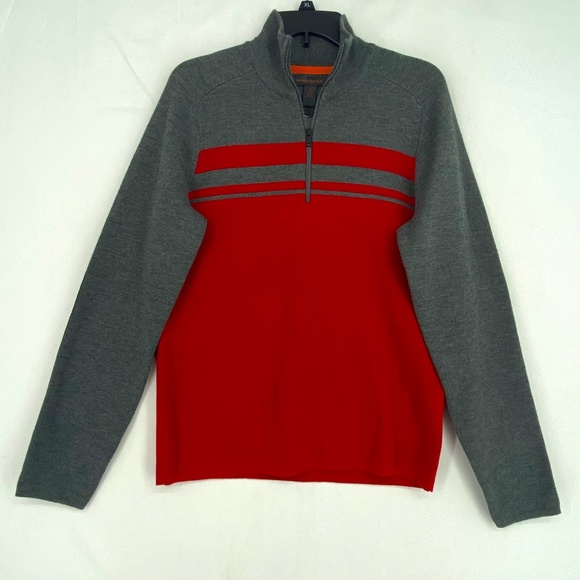 Banana Republic Mens Small Mock Neck Sweater Charcoal Gray Red Stripe Wool Blend - Picture 1 of 9